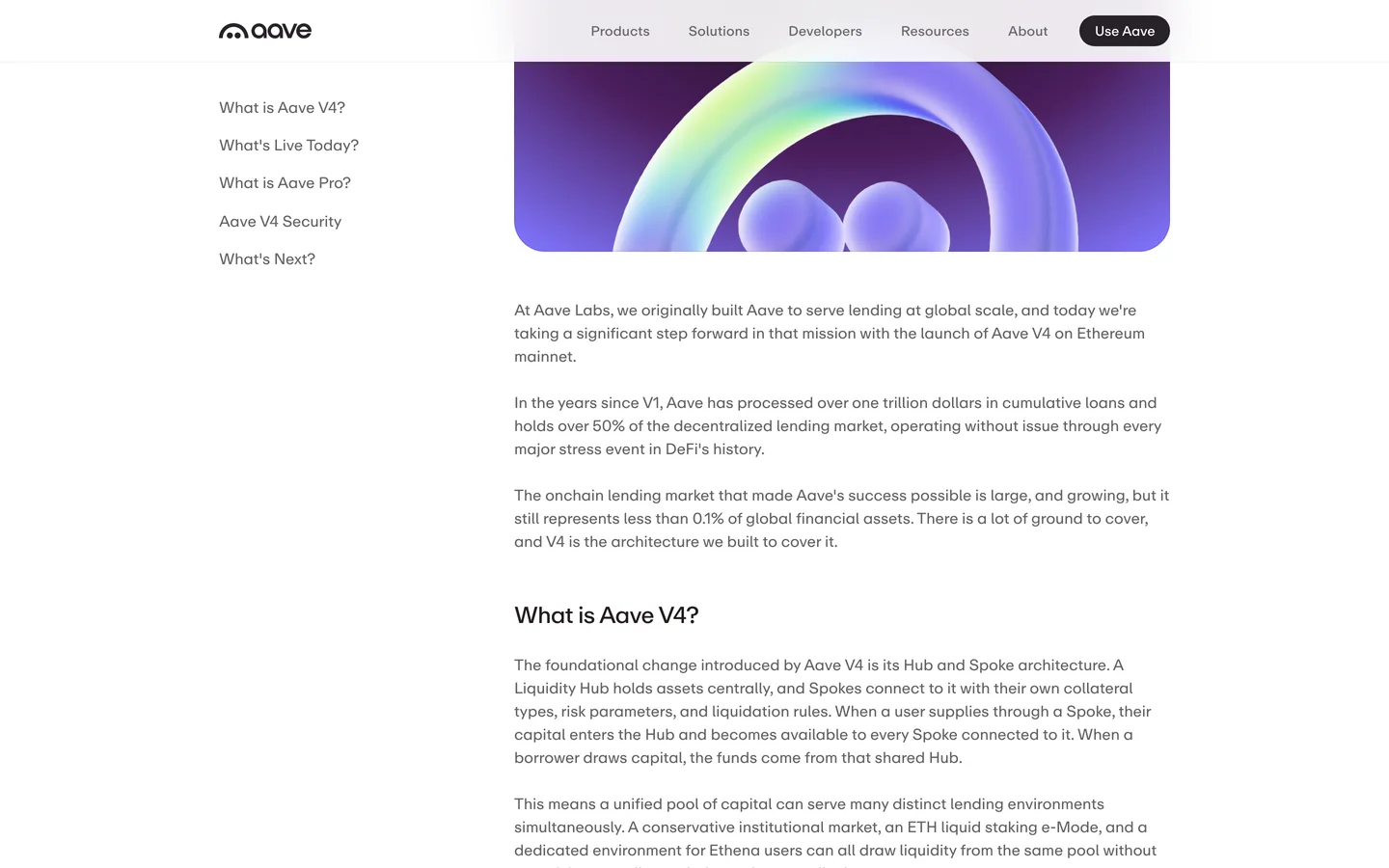 Annonce officielle du lancement d'Aave V4 sur Ethereum publiée sur aave.com, décrivant l'architecture Hub and Spoke où le Liquidity Hub détient les actifs et les Spokes portent leurs propres règles de risque