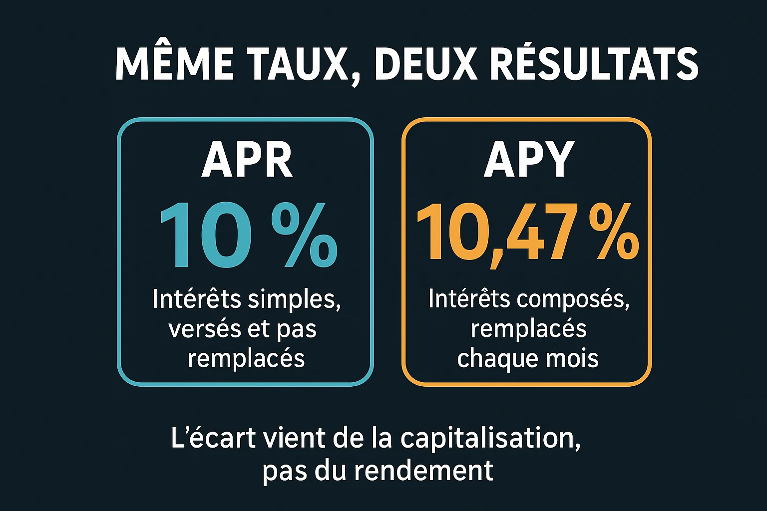 Infographie comparant un APR de 10 pour cent en intérêts simples et l'APY correspondant de 10,47 pour cent en intérêts composés capitalisés chaque mois, l'écart venant de la capitalisation et non du rendement