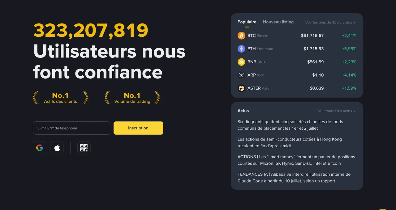 Page d'accueil de Binance en juillet 2026 affichant plus de 323 millions d'utilisateurs