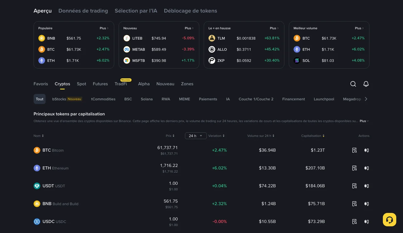Page marchés de Binance avec les principales cryptos par capitalisation en juillet 2026