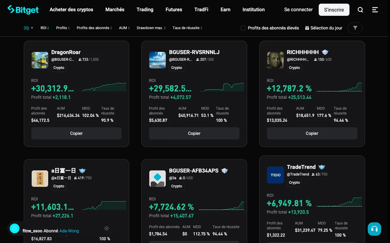Classement des traders copiables sur Bitget avec leur rendement, leur perte maximale MDD et leur taux de réussite sur trente jours