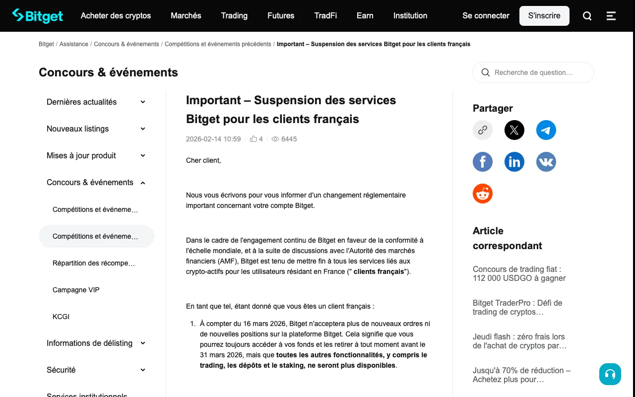 Avis officiel de suspension des services Bitget pour les clients français publié sur le centre d'aide, avec les dates du 16 et du 31 mars 2026