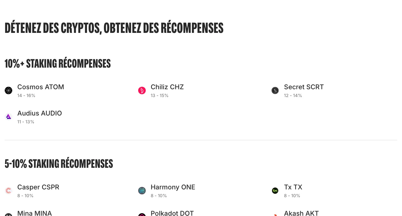 Grille des récompenses de staking Bitpanda Earn avec Cosmos ATOM 14 à 16 pourcent, Chiliz CHZ 13 à 15 pourcent, Secret SCRT 12 à 14 pourcent et Audius AUDIO 11 à 13 pourcent