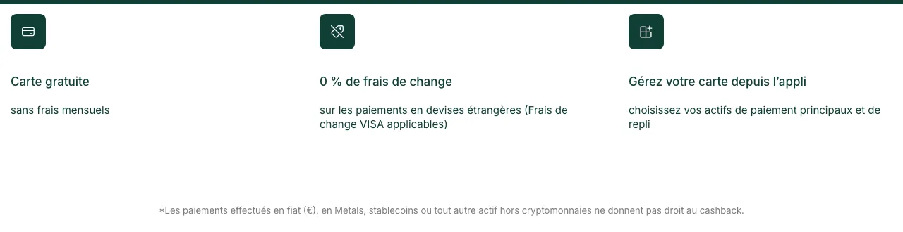 Conditions de la carte Bitpanda, carte gratuite sans frais mensuels, 0 pourcent de frais de change, et mention que les paiements en euros, métaux et stablecoins ne donnent pas droit au cashback