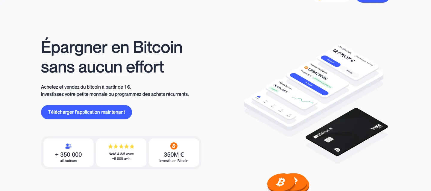 Page d'accueil de Bitstack : épargner en bitcoin sans aucun effort, 350 000 utilisateurs et 350 millions d'euros investis
