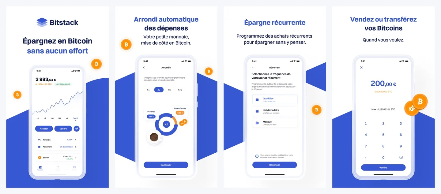 Écrans de l'application Bitstack : accueil du solde, arrondi avec multiplicateur, épargne récurrente et vente de bitcoins
