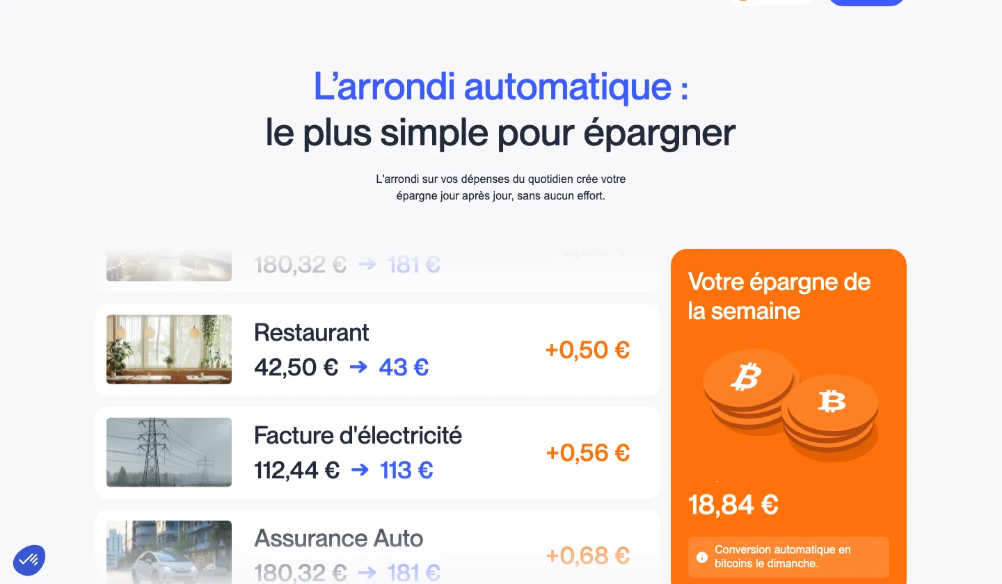 Page Bitstack sur l'arrondi automatique : 42,50 € arrondi à 43 €, 0,50 € épargné, conversion en bitcoin le dimanche