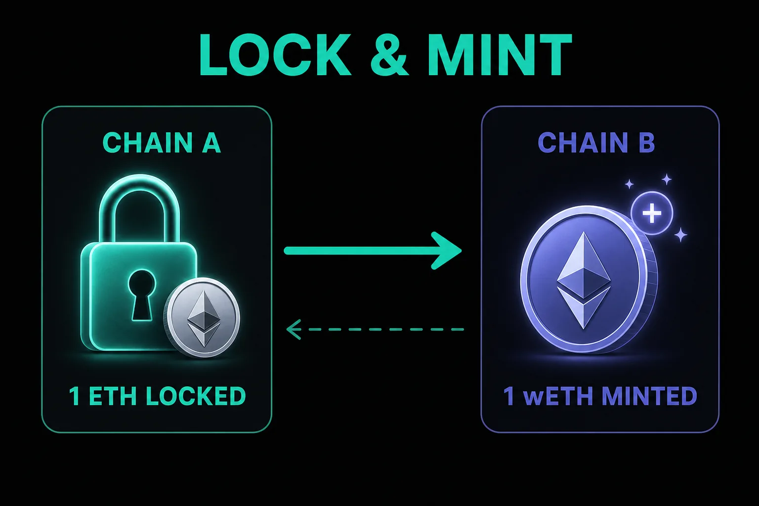 Schéma d'un bridge crypto en lock-and-mint : un ETH est verrouillé sur Ethereum et un ETH emballé est émis sur la chaîne d'arrivée