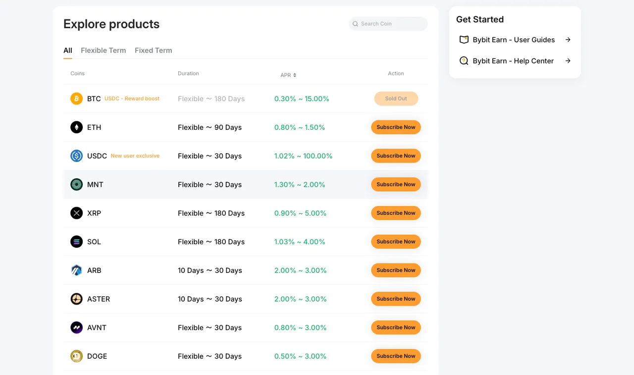 Page Earn de Bybit EU avec les taux affichés pour BTC, ETH, USDC, XRP et SOL en juillet 2026