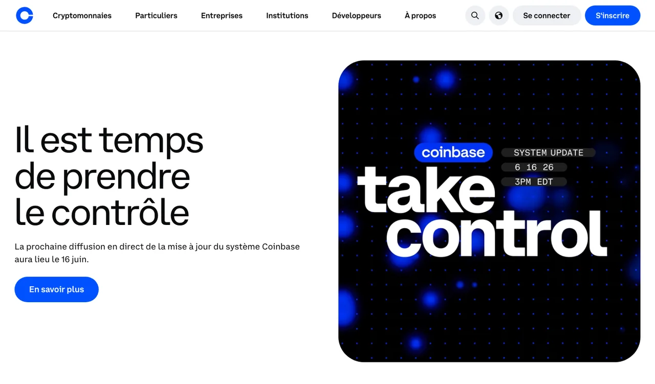 Page d'accueil de Coinbase en juillet 2026 avec la campagne Take Control