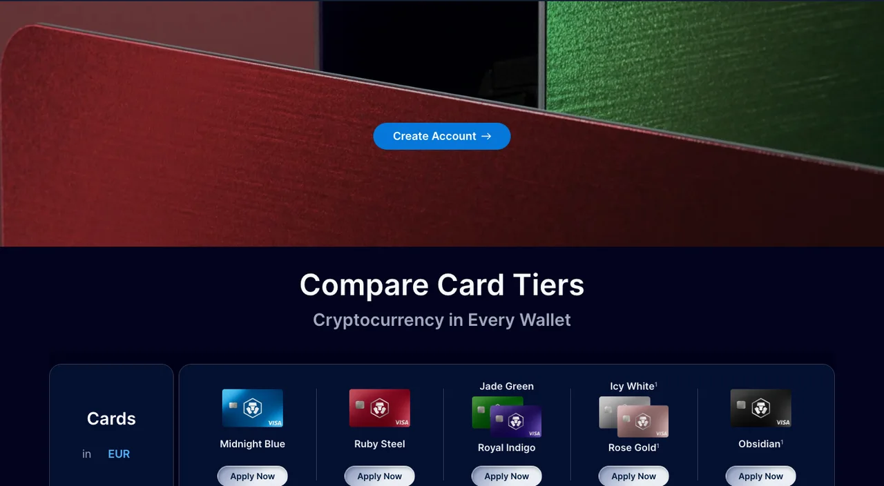 Comparatif des niveaux de cartes Visa Crypto.com : Midnight Blue, Ruby Steel, Jade Green, Icy White, Obsidian