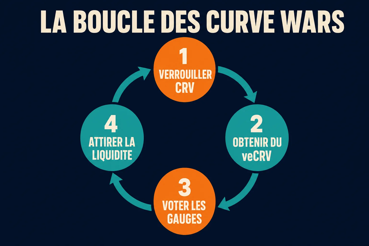 Schéma de la boucle des Curve Wars en quatre étapes : verrouiller du CRV, obtenir du veCRV, voter les gauges pour diriger les émissions, puis attirer la liquidité dans son pool