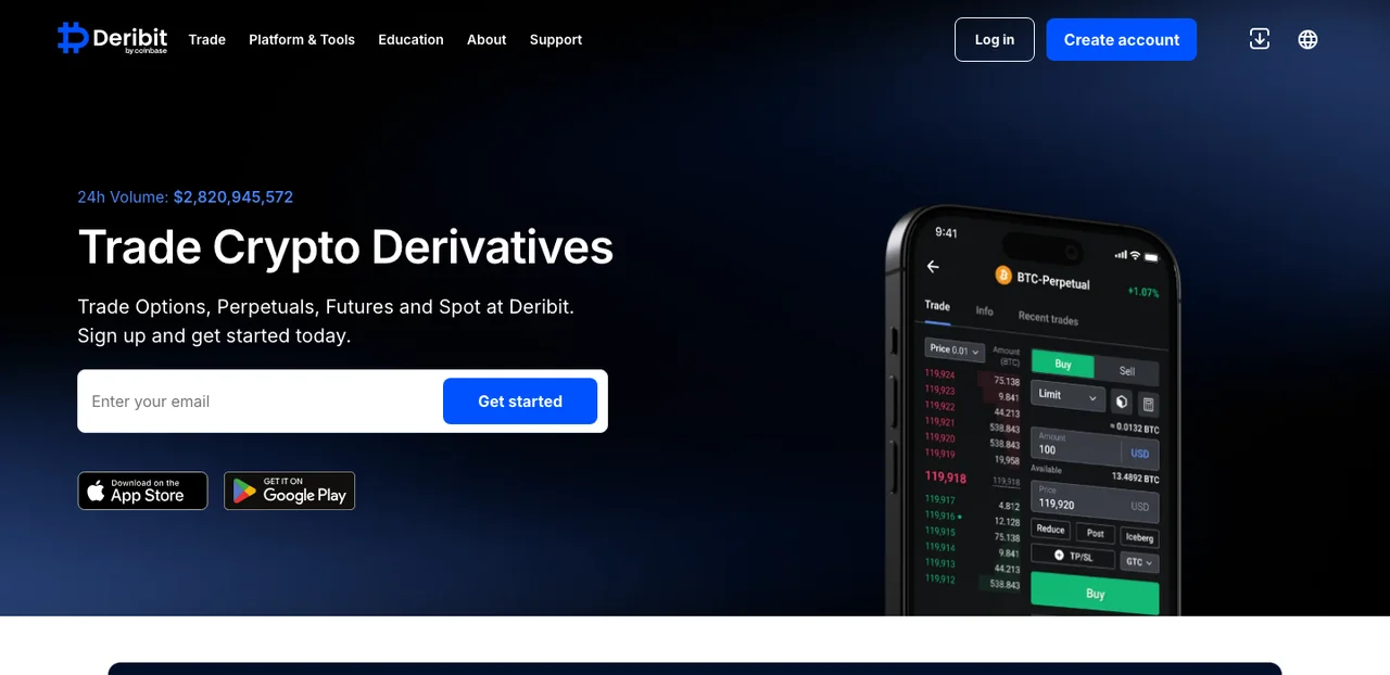 Page d'accueil de Deribit by Coinbase en juillet 2026 avec 2,8 milliards de dollars de volume sur 24 heures