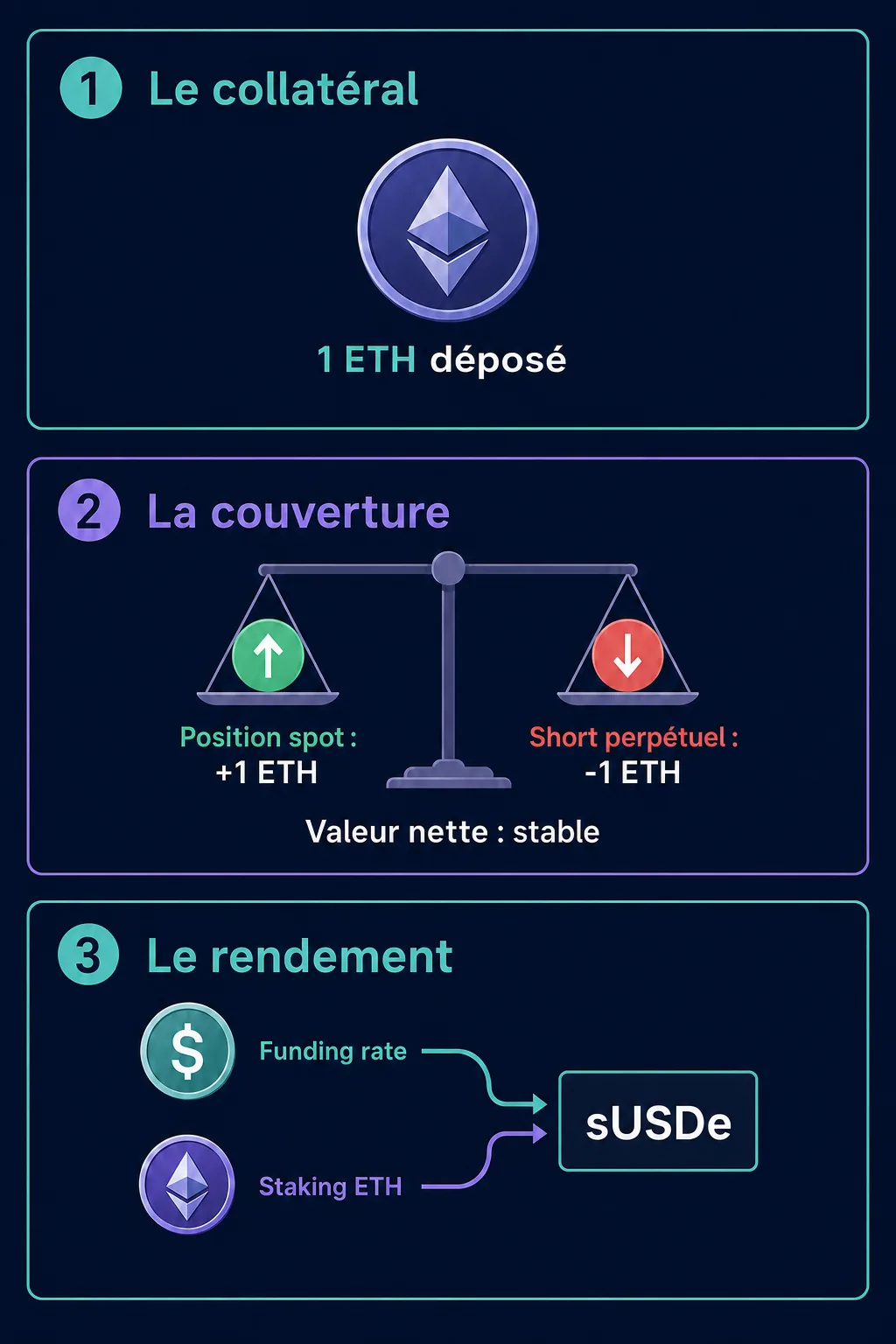Schéma du mécanisme delta-neutre d'Ethena : collatéral ETH, position spot couverte par un short perpétuel, rendement versé en sUSDe