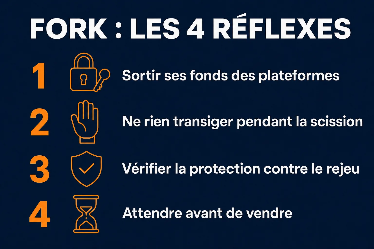 Infographie des quatre réflexes à avoir lors d'un fork blockchain : sortir ses fonds des plateformes, ne rien transiger pendant la scission, vérifier la protection contre le rejeu, attendre avant de vendre