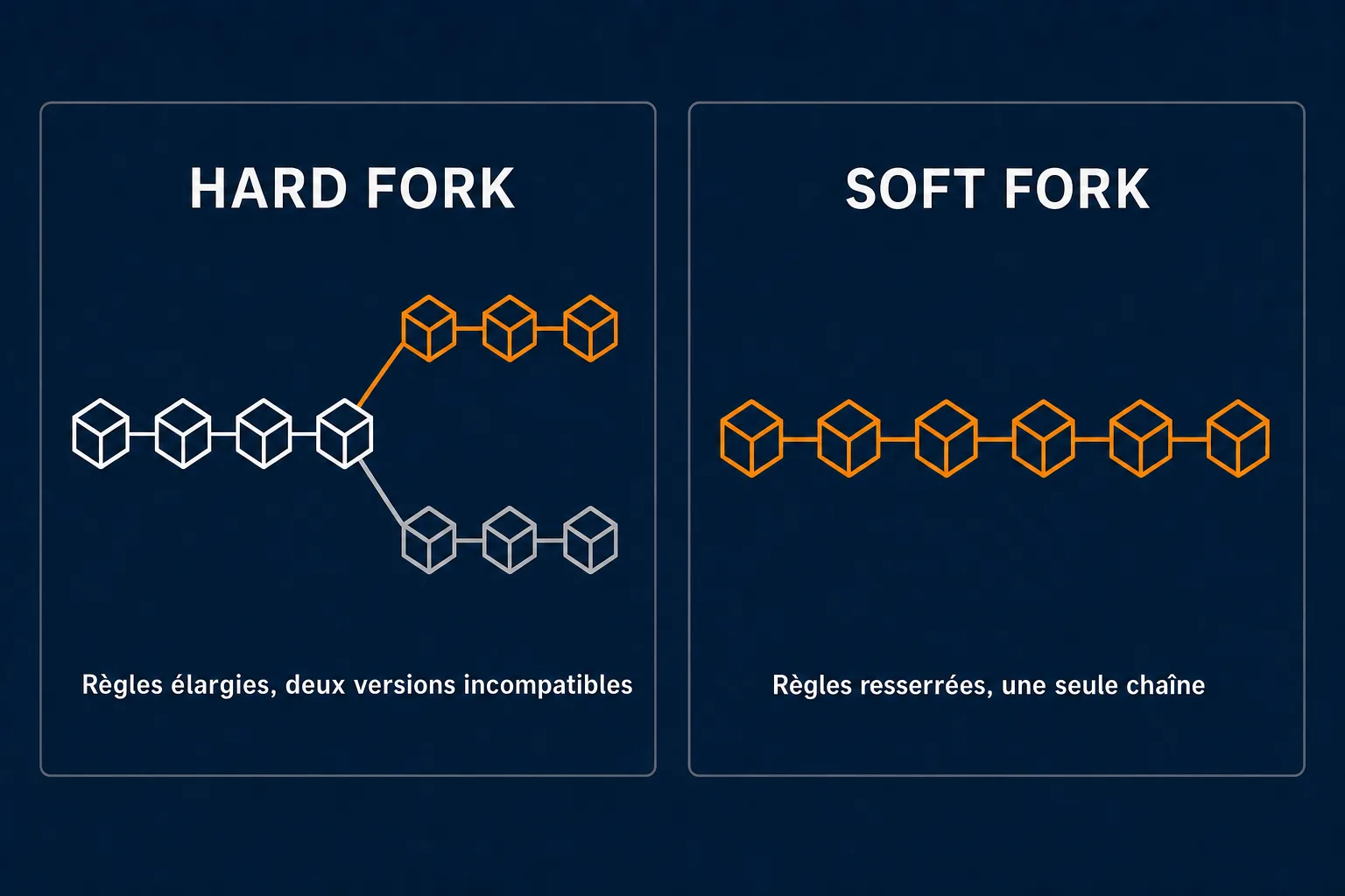 Infographie comparant hard fork et soft fork : à gauche une chaîne de blocs qui se divise en deux branches sous des règles élargies et incompatibles, à droite une chaîne de blocs unique qui continue sous des règles resserrées
