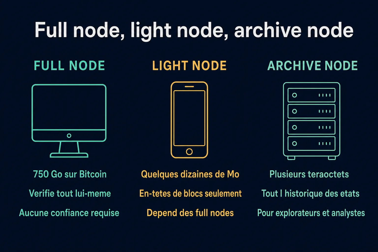 Infographie comparant full node, light node et archive node : volume de données stockées, niveau de vérification autonome et matériel nécessaire pour chacun