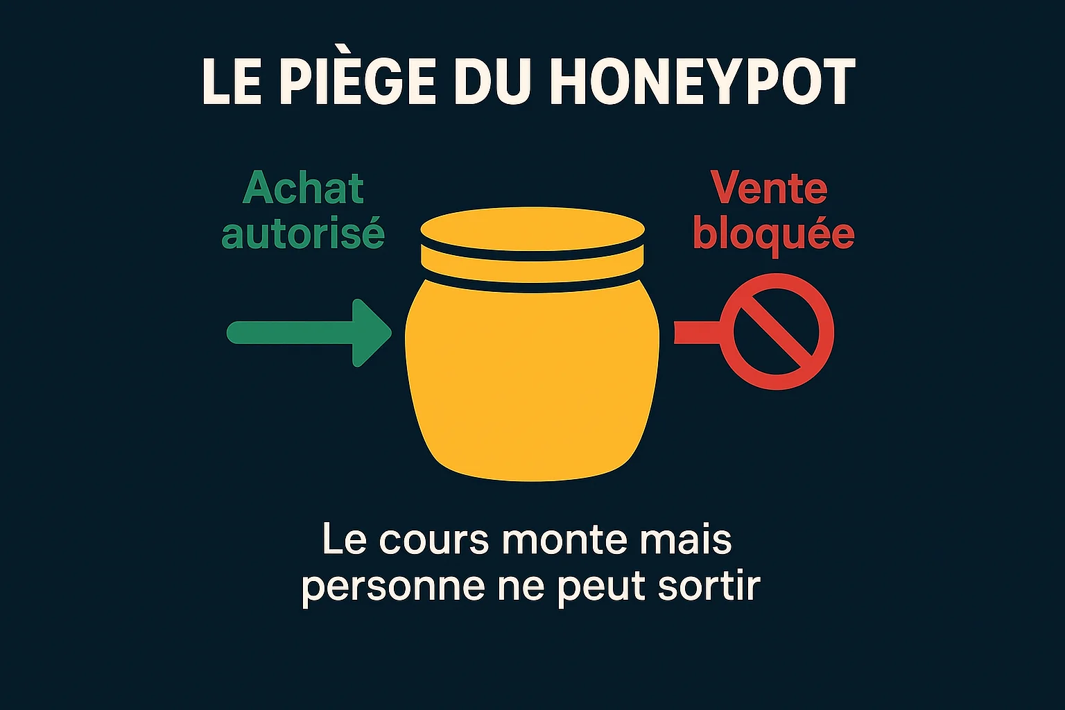 Infographie du piège du honeypot : l'achat du jeton est autorisé et entre dans le contrat, la vente est bloquée à la sortie, si bien que le cours monte sans que personne ne puisse sortir