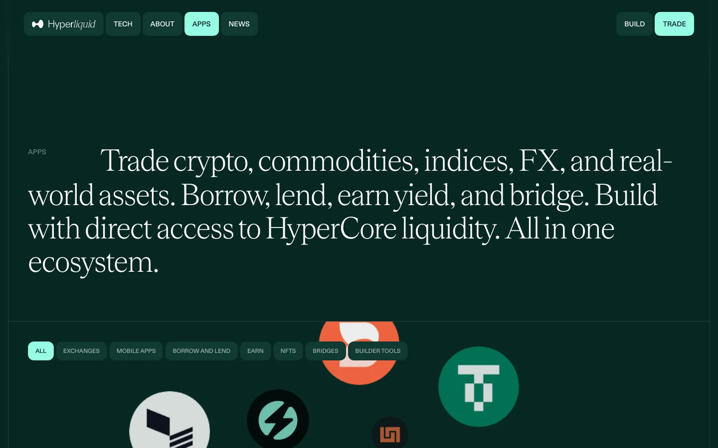Page applications d'Hyperliquid : trader crypto, matières premières, indices, devises, emprunter, prêter, gagner du rendement dans un seul écosystème