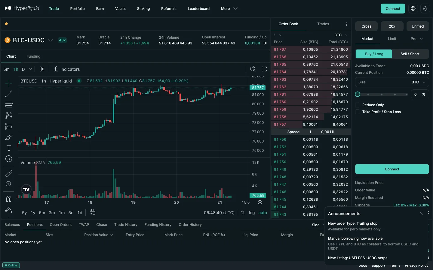 Interface de trading Hyperliquid sur le perpétuel BTC-USDC : graphique, carnet d'ordres, levier 40x et panneau d'ordre