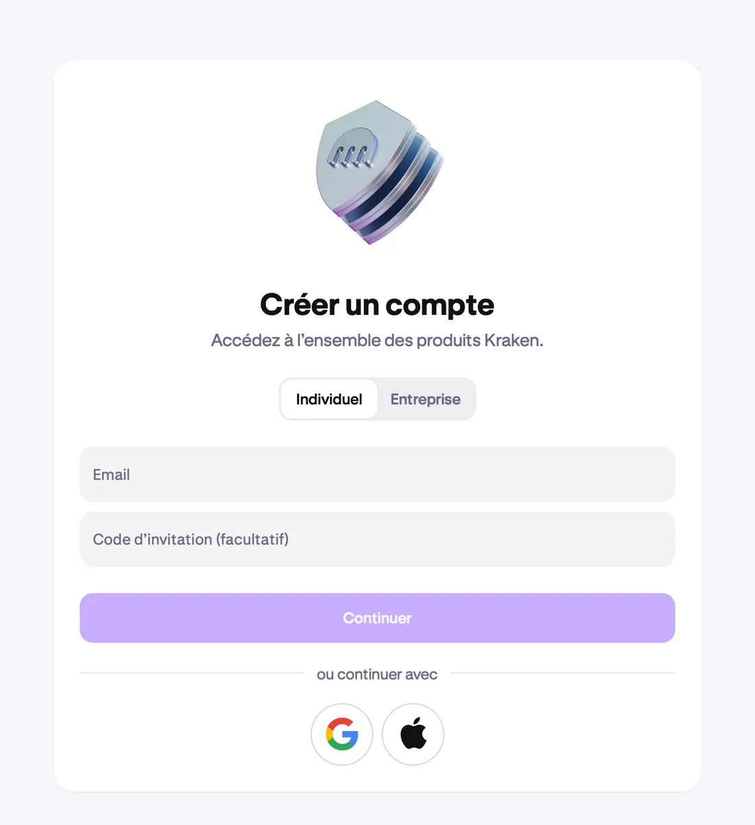 Formulaire d'inscription de Kraken en français avec le choix entre compte individuel et entreprise, un champ email et un champ code d'invitation facultatif