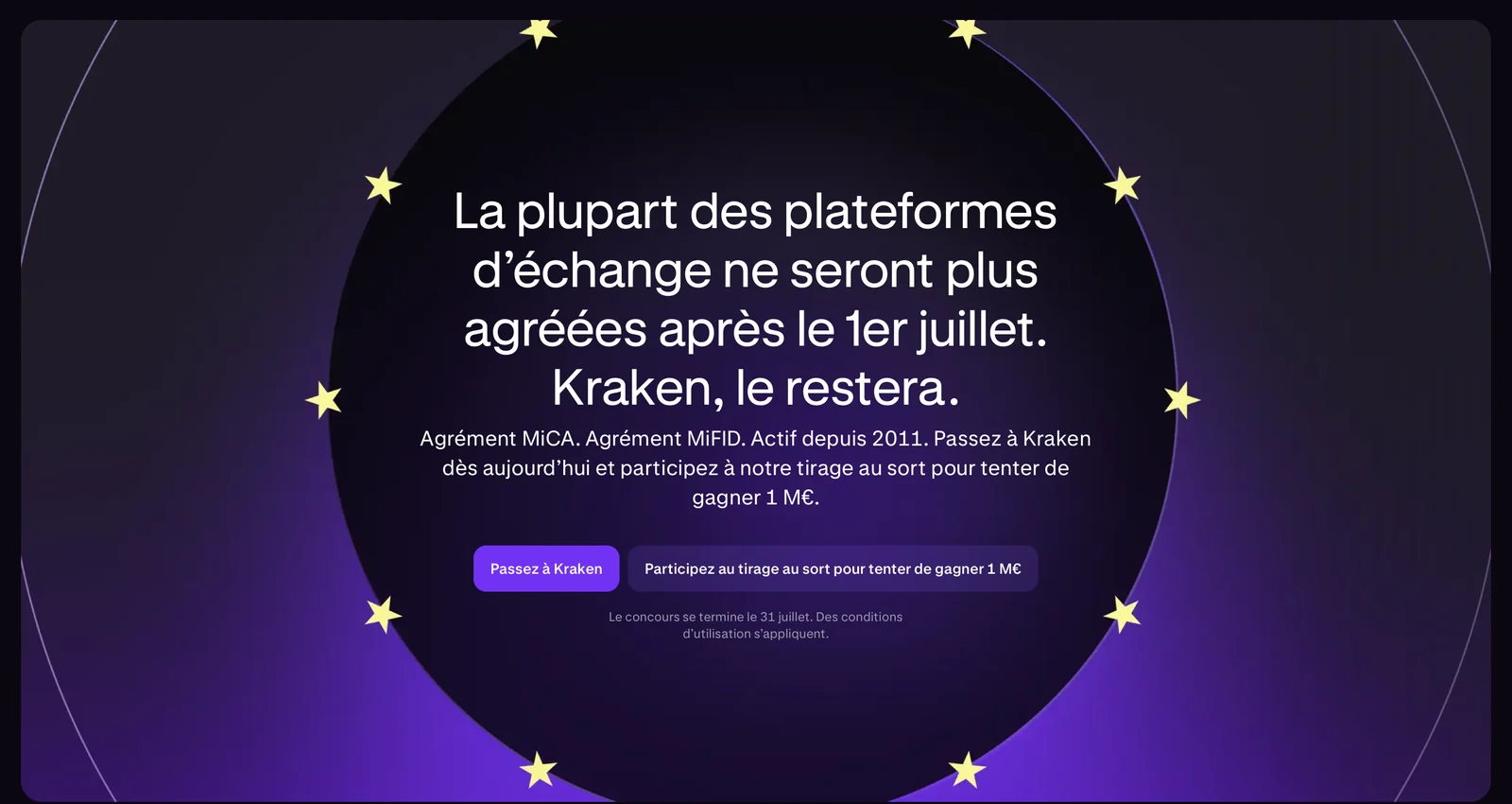 Page européenne de Kraken affichant que la plupart des plateformes d'échange ne seront plus agréées après le 1er juillet et que Kraken le restera, avec la mention agrément MiCA et agrément MiFID