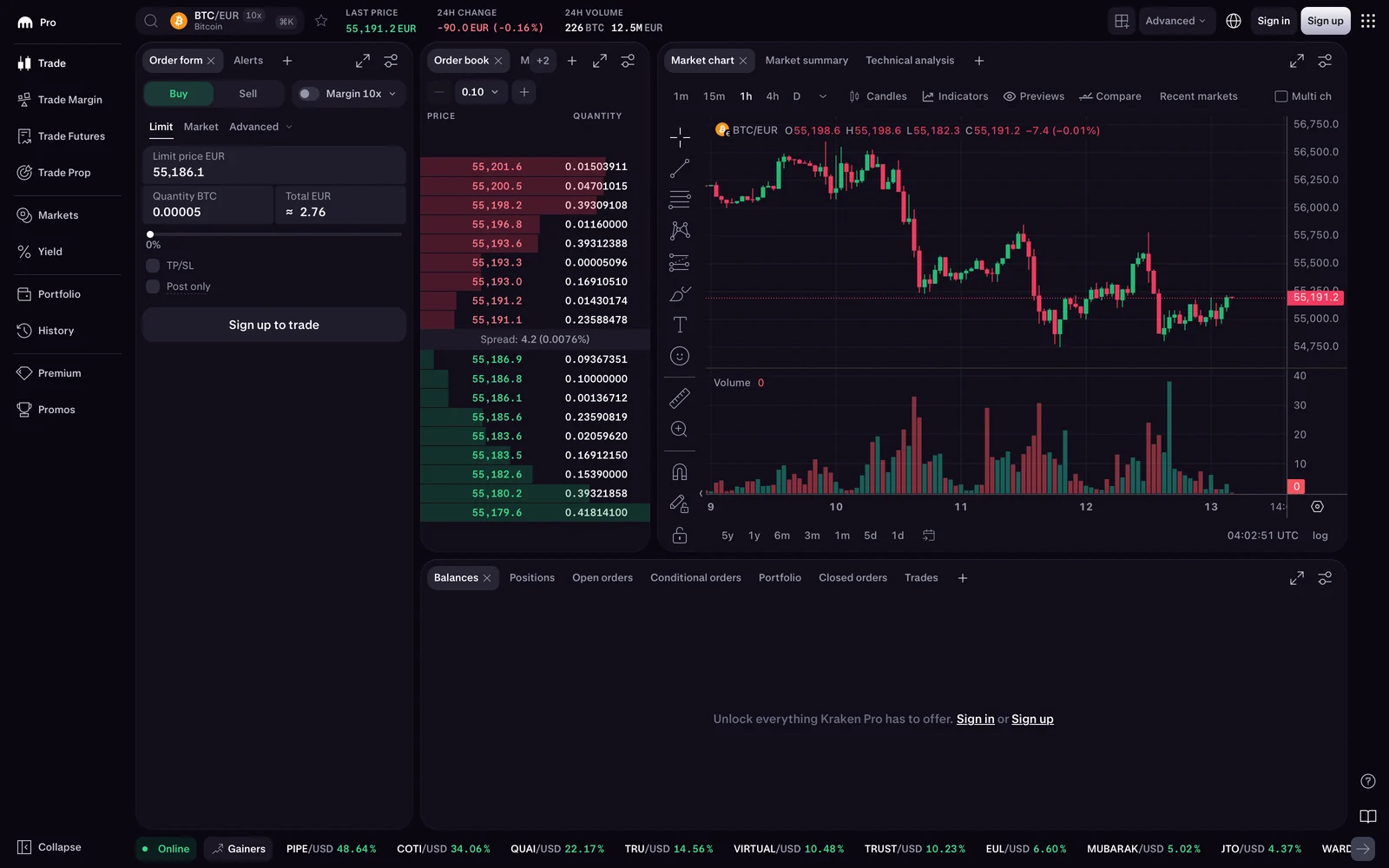 Interface Kraken Pro sur la paire BTC EUR avec le carnet d'ordres, le spread affiché, le formulaire d'ordre limite et le graphique en chandeliers