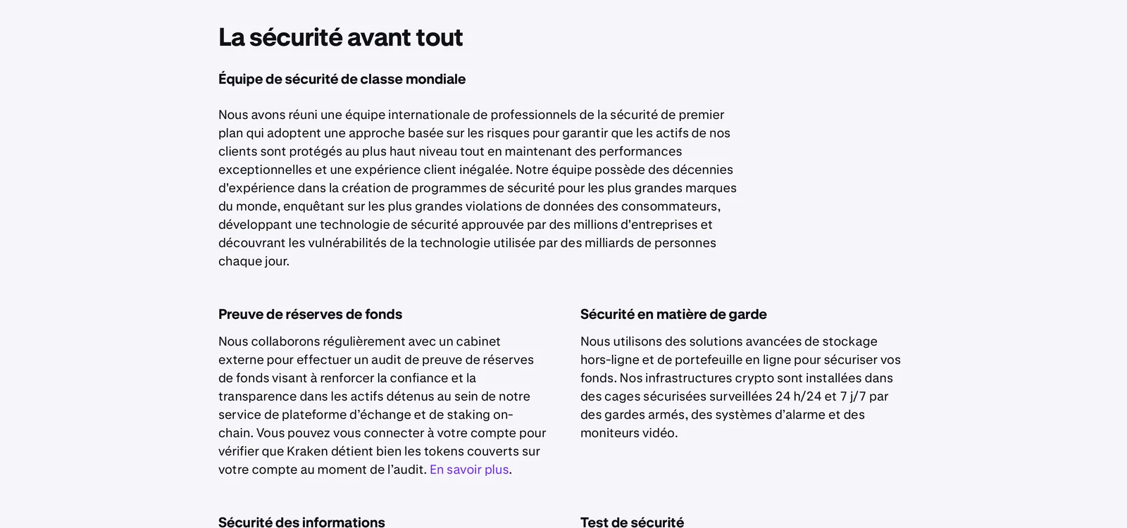 Page sécurité de Kraken détaillant la preuve de réserves auditée par un cabinet externe et la sécurité de garde avec stockage hors ligne dans des cages sécurisées