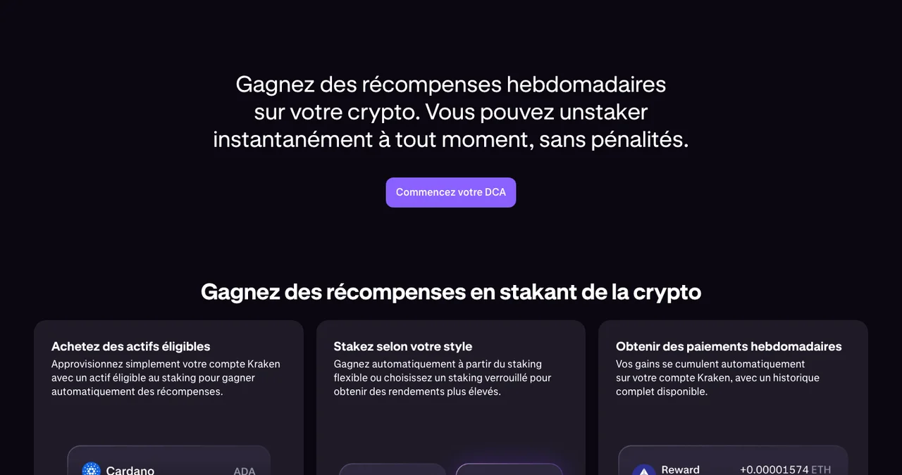 Page staking de Kraken : récompenses hebdomadaires et unstaking instantané sans pénalités