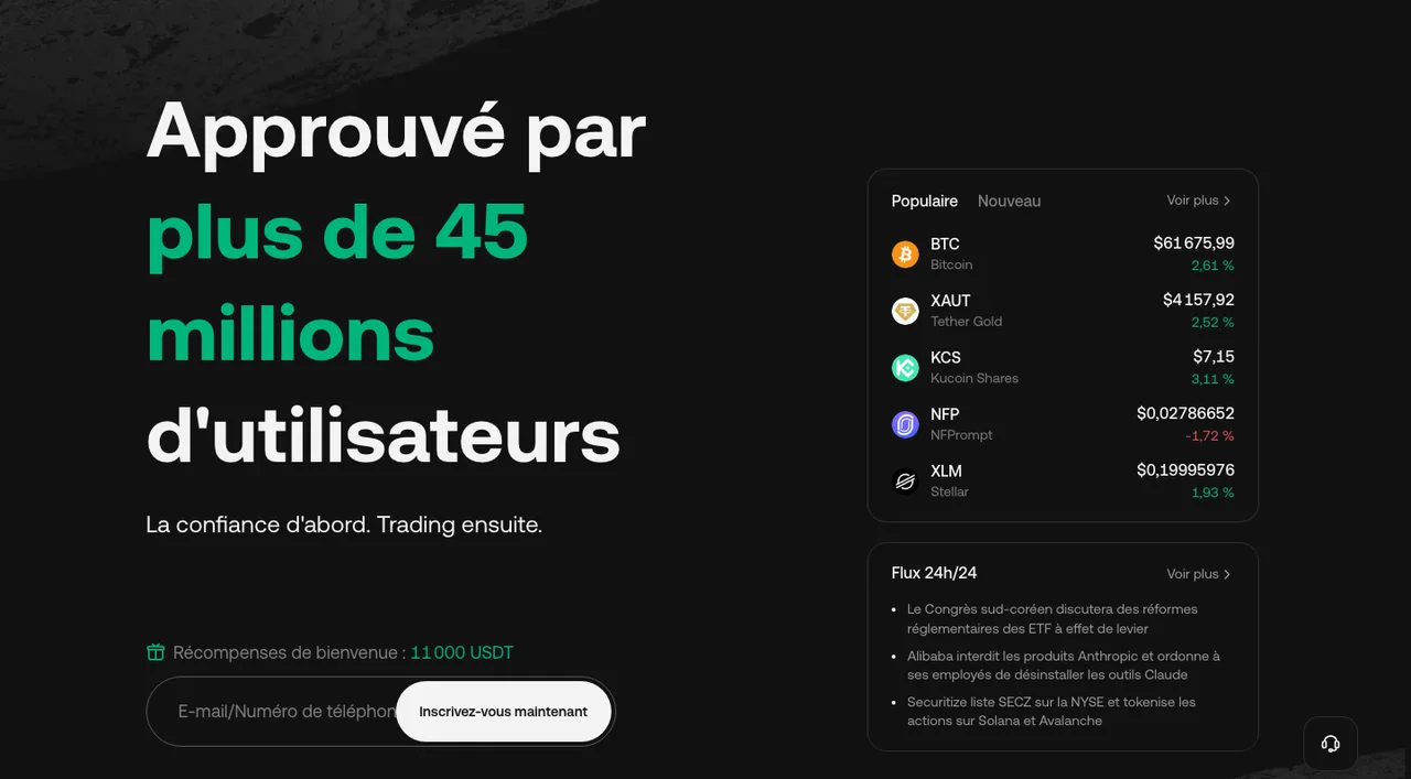 Page d'accueil de KuCoin en juillet 2026 revendiquant plus de 45 millions d'utilisateurs