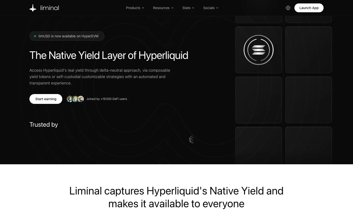 Page d'accueil de Liminal : the native yield layer of Hyperliquid, stratégies delta neutres, rejoint par plus de 19 000 utilisateurs DeFi