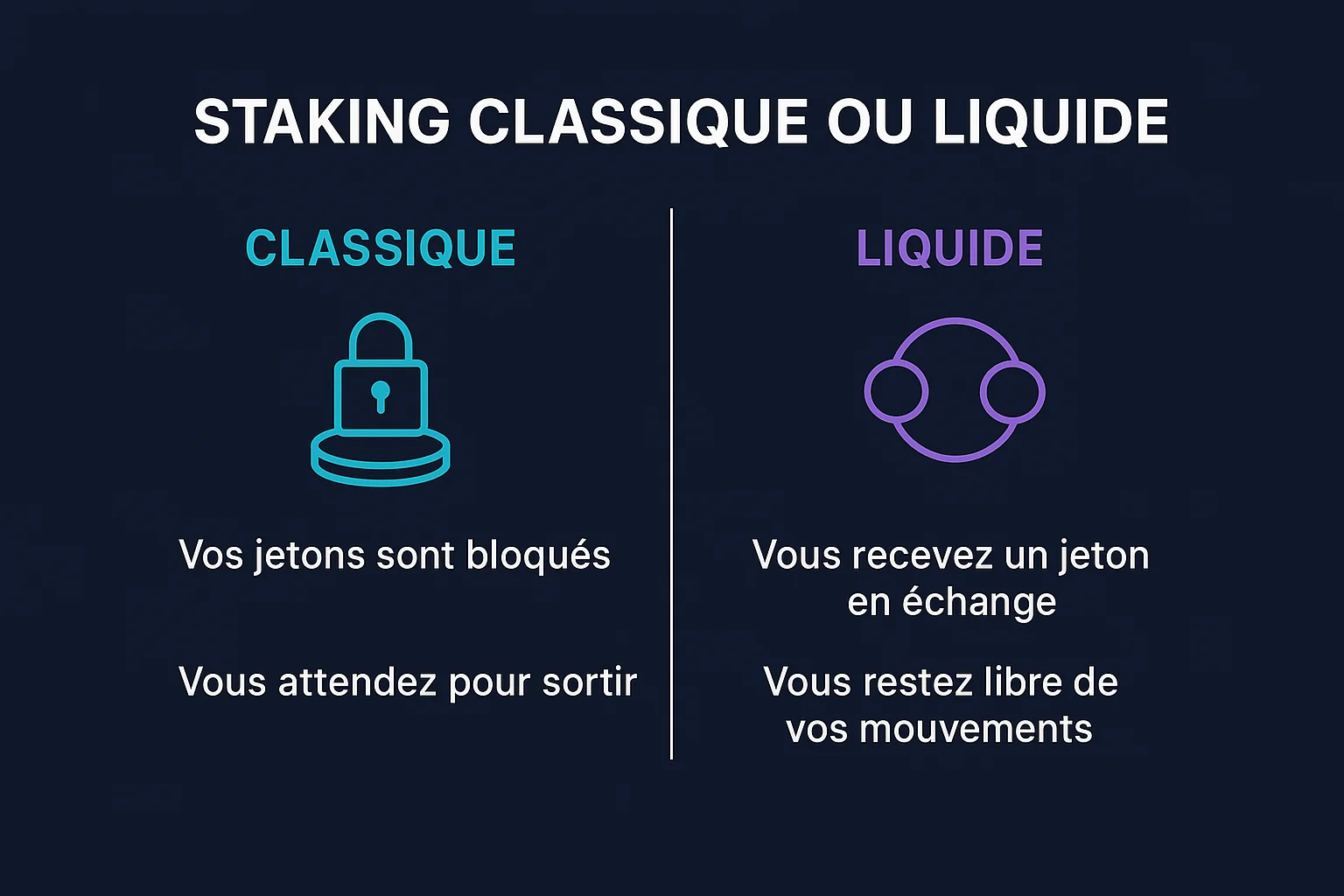 Infographie comparant le staking classique, où les jetons sont bloqués et où il faut attendre pour sortir, et le liquid staking, où l'on reçoit un jeton en échange qui laisse libre de ses mouvements