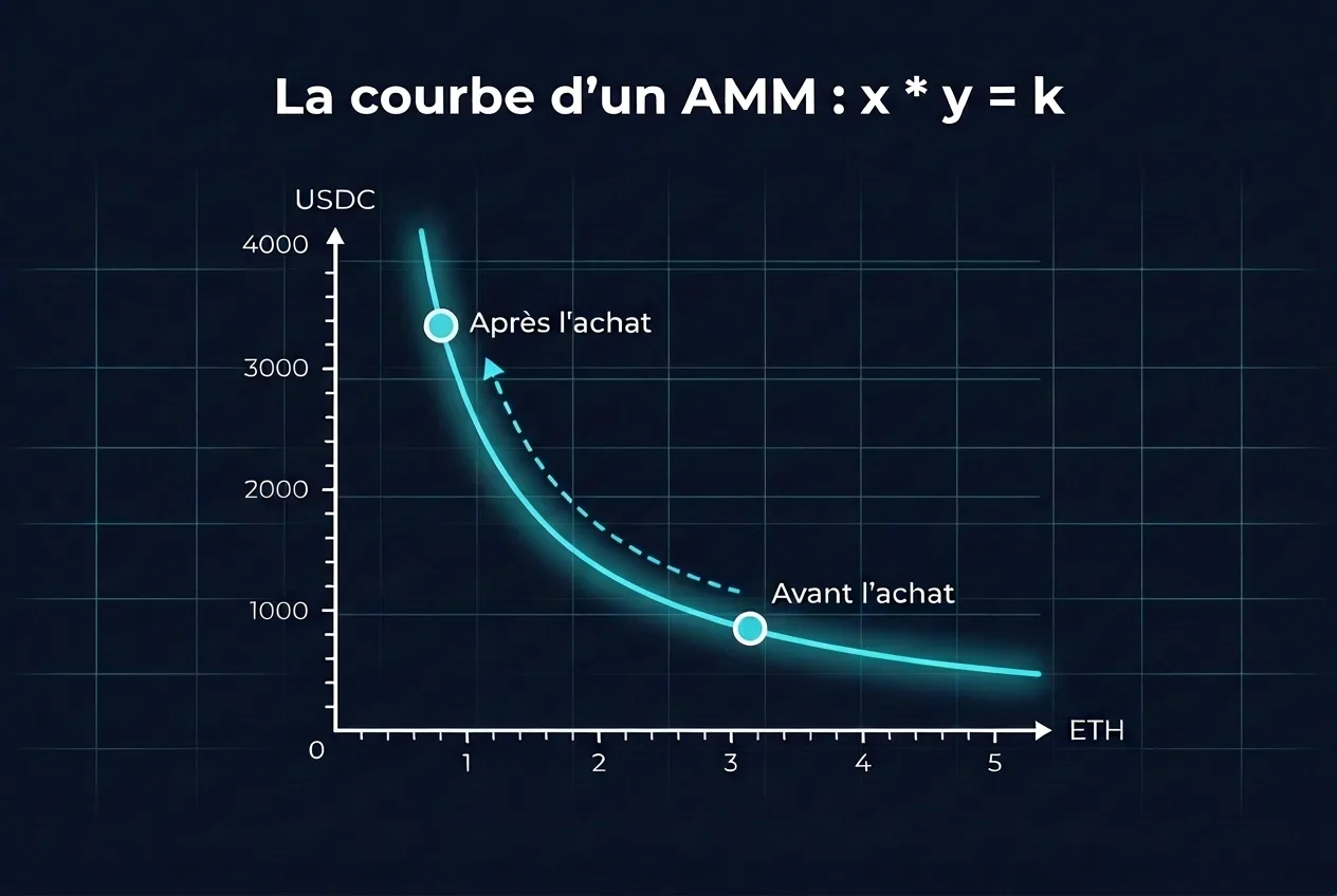 Infographie de la courbe d'un AMM avec la formule x fois y égale k : hyperbole reliant les réserves ETH et USDC d'un liquidity pool, avec le déplacement du point de prix avant et après un achat