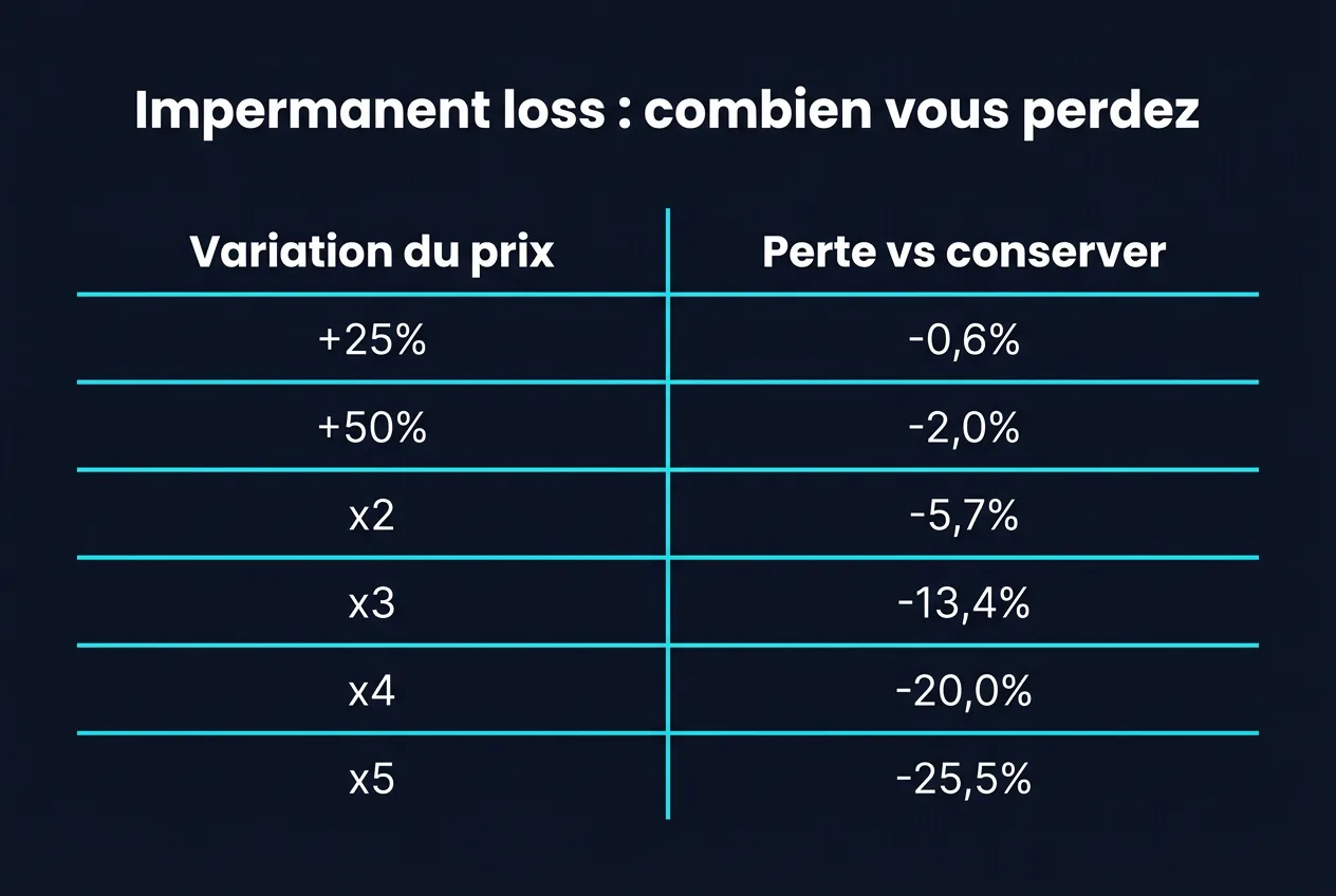 Infographie de l'impermanent loss dans un liquidity pool : tableau de la perte par rapport à la simple conservation des jetons selon la variation du prix, de -0,6 % pour +25 % à -25,5 % pour un prix multiplié par cinq