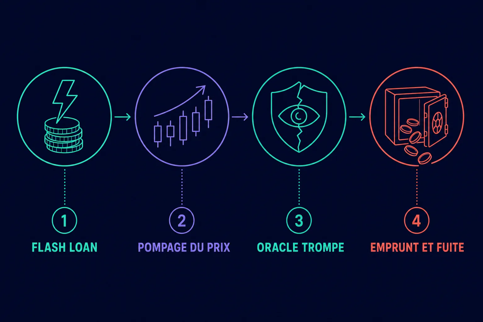 Infographie de l'anatomie d'une attaque par manipulation d'oracle : emprunt éclair, achat massif sur un marché peu liquide, prix faussé lu par l'oracle, emprunt surdimensionné puis fuite avec les fonds du protocole