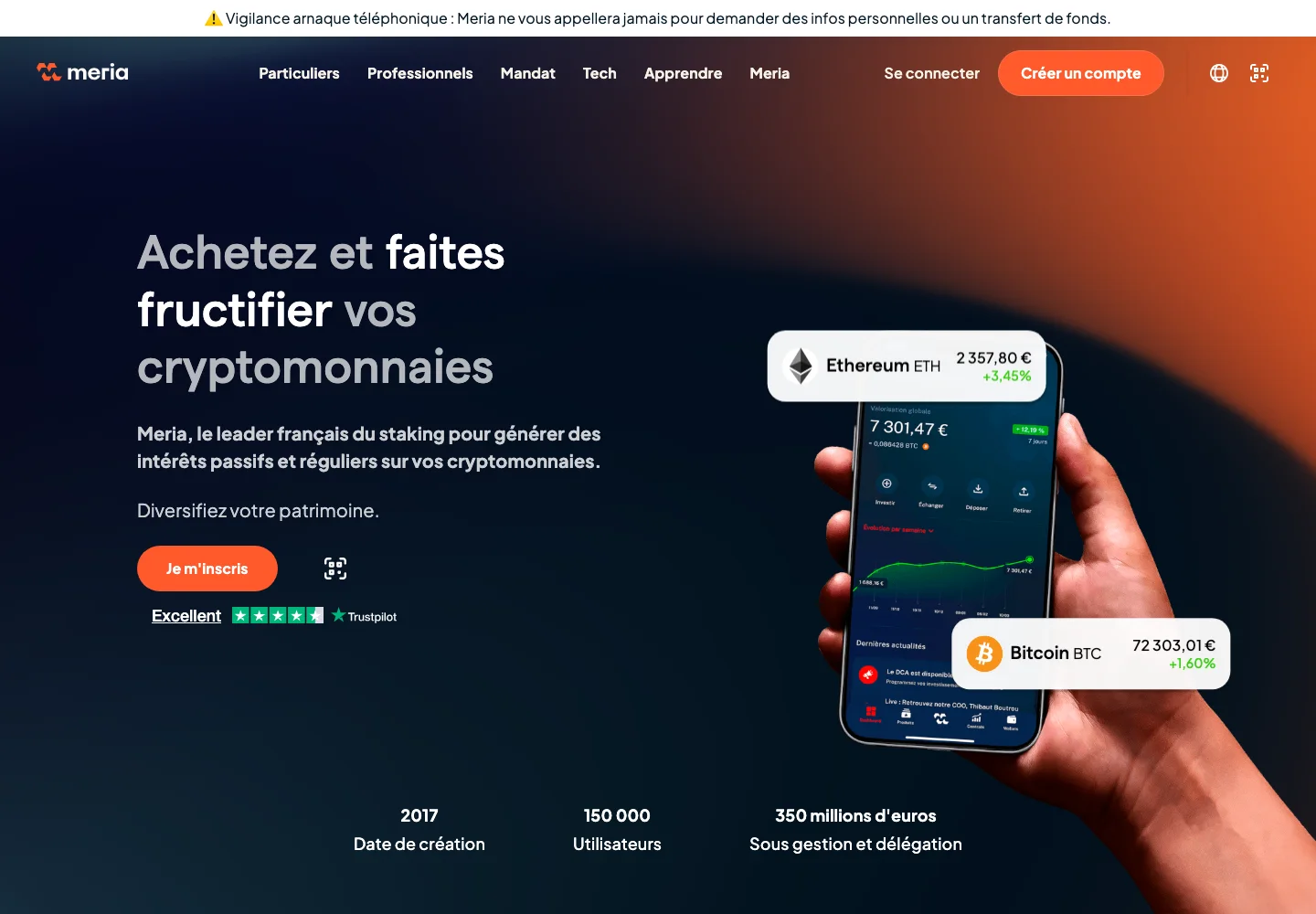 Page d'accueil de Meria : achetez et faites fructifier vos cryptomonnaies, créée en 2017, 150 000 utilisateurs, 350 millions d'euros sous gestion