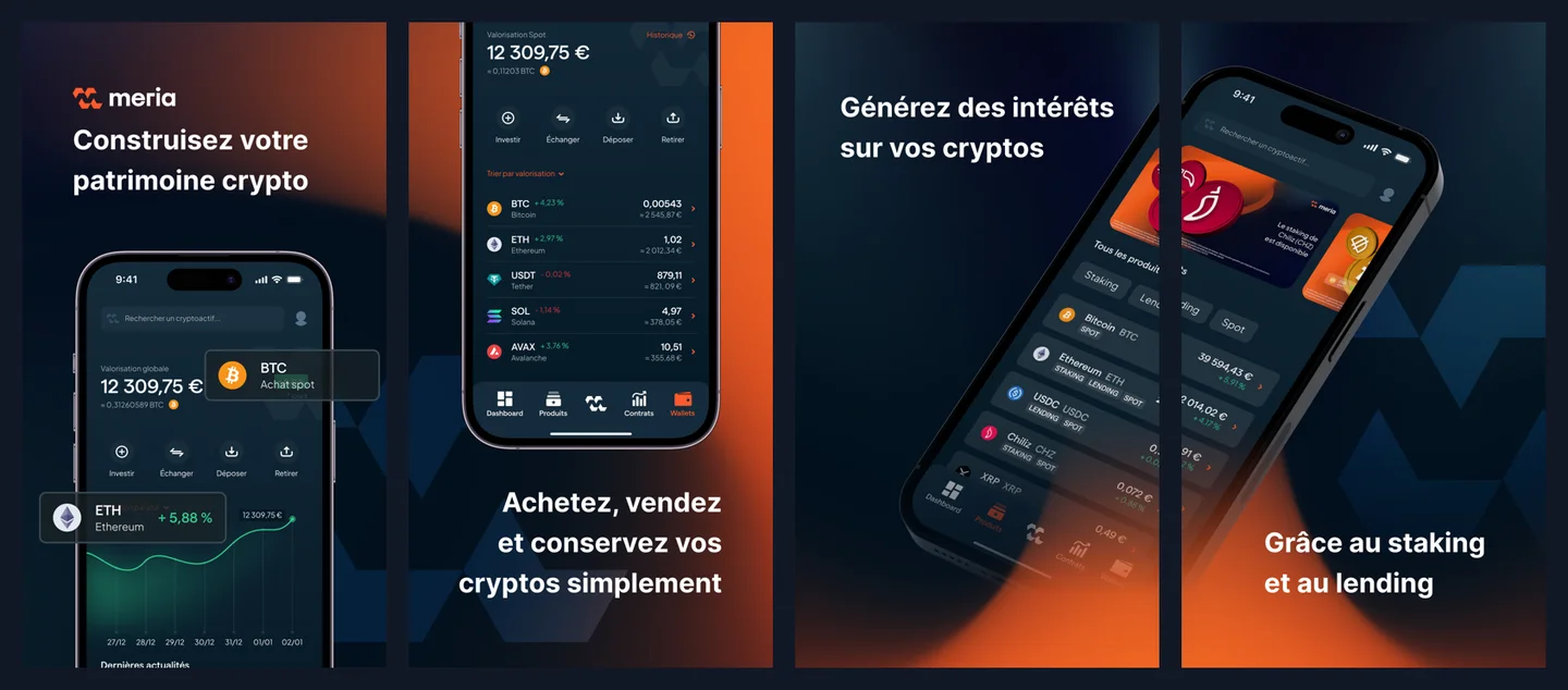 Écrans de l'application Meria : valorisation du portefeuille, liste des cryptos détenues, produits de staking et de lending