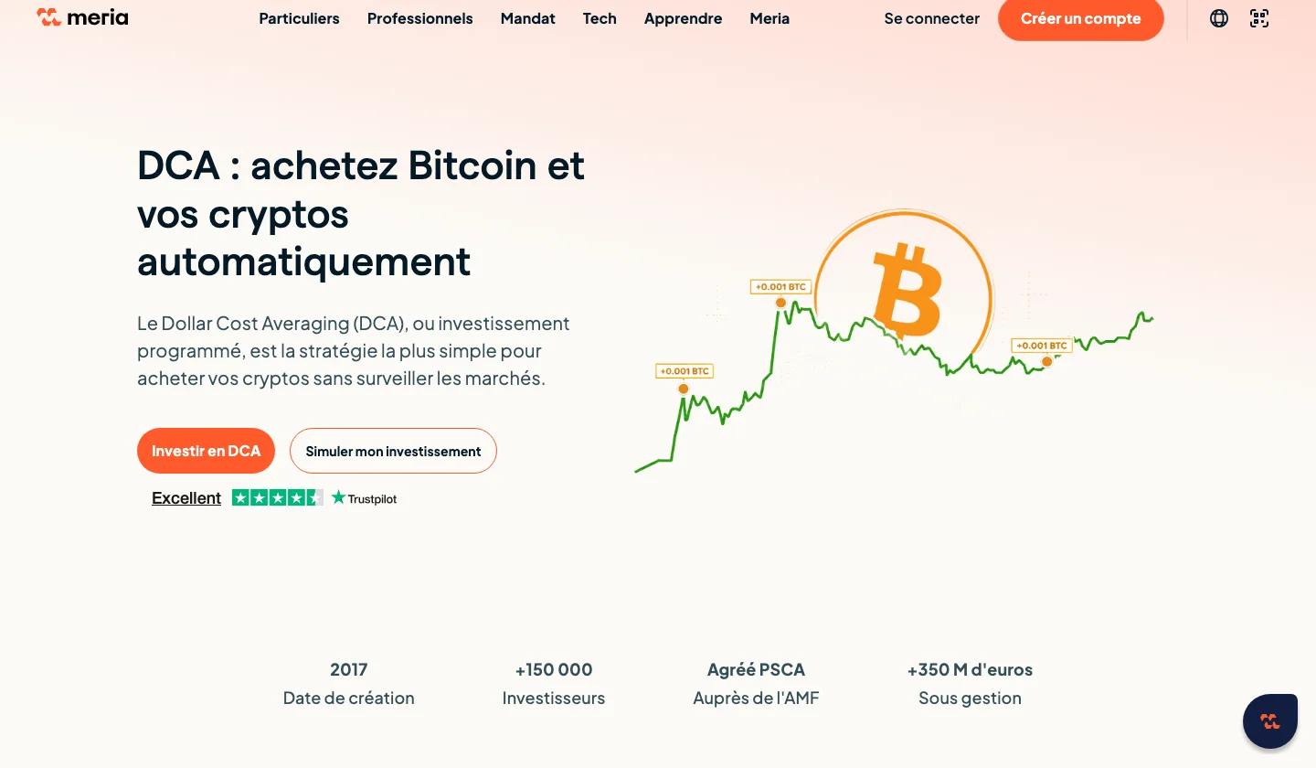 Page DCA de Meria : achetez Bitcoin et vos cryptos automatiquement, mention Agréé PSCA auprès de l'AMF