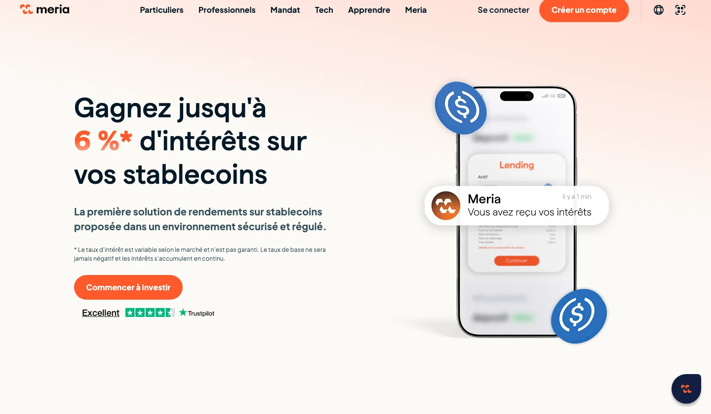 Page Meria gagnez jusqu'à 6 % d'intérêts sur vos stablecoins, taux variable non garanti