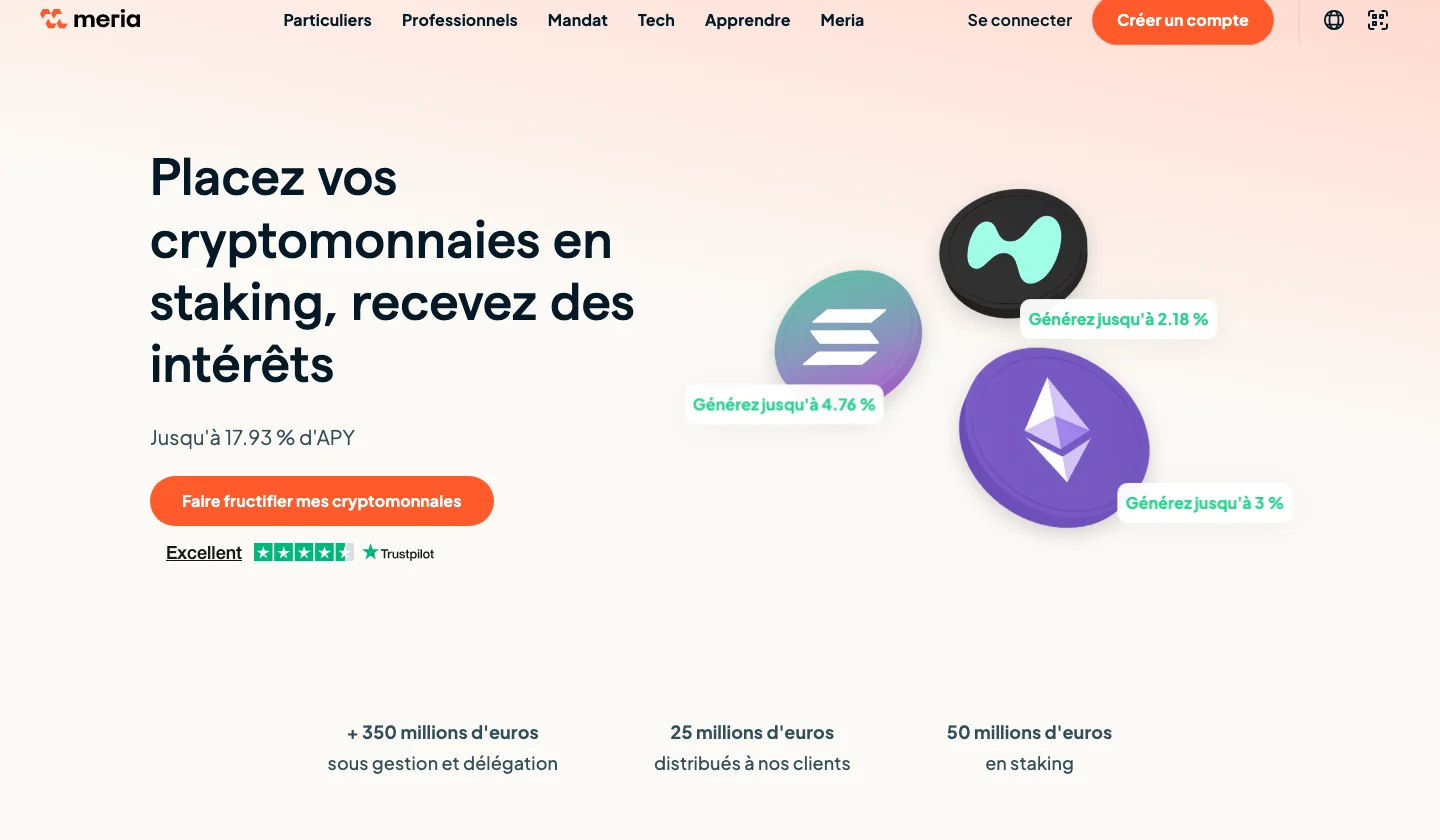 Page staking de Meria : jusqu'à 17,93 % d'APY, ethereum jusqu'à 3 %, solana jusqu'à 4,76 %