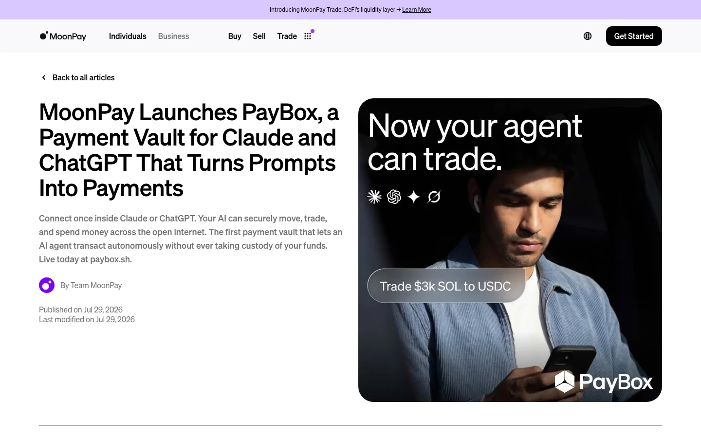 Communiqué officiel de MoonPay annonçant le lancement de PayBox, coffre de paiement pour Claude et ChatGPT, publié le 29 juillet 2026