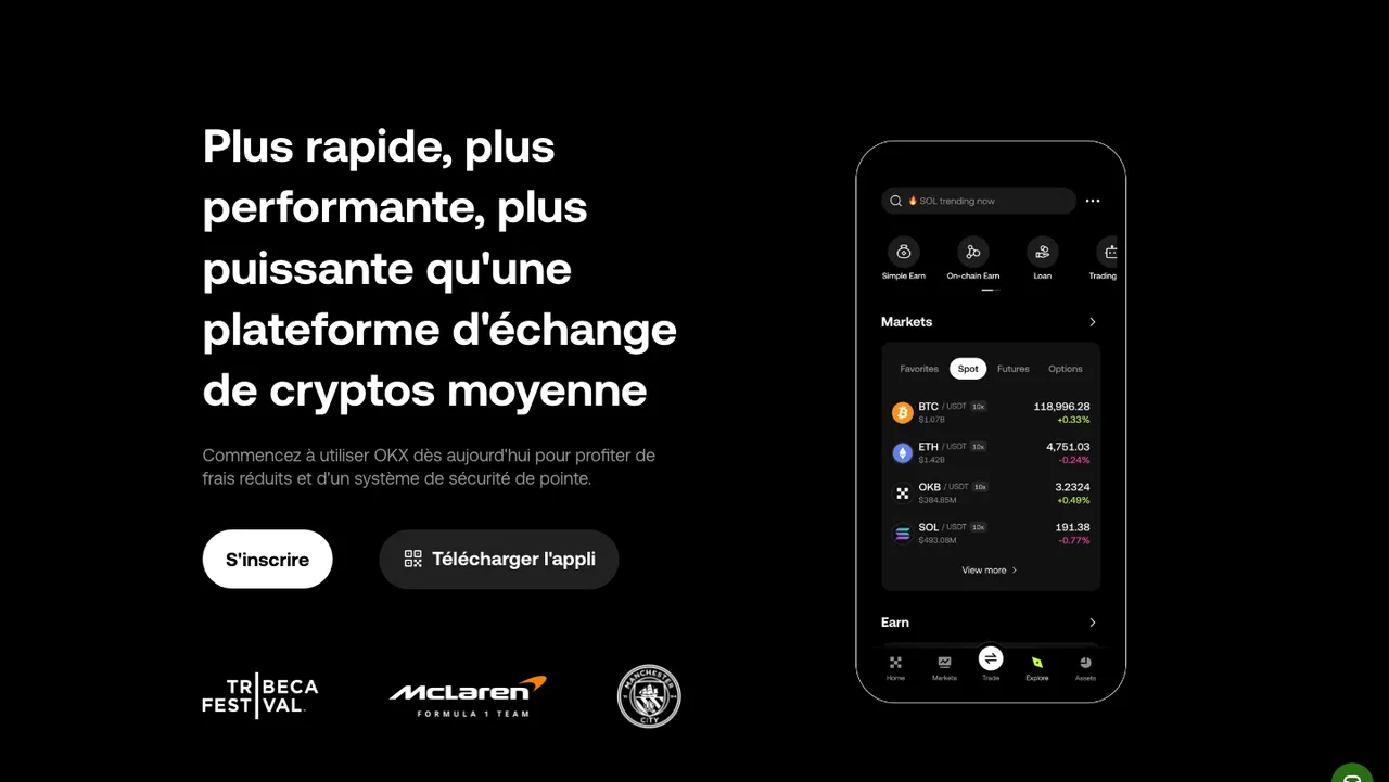 Page d'accueil OKX en français en juillet 2026 avec les partenariats McLaren F1 et Manchester City