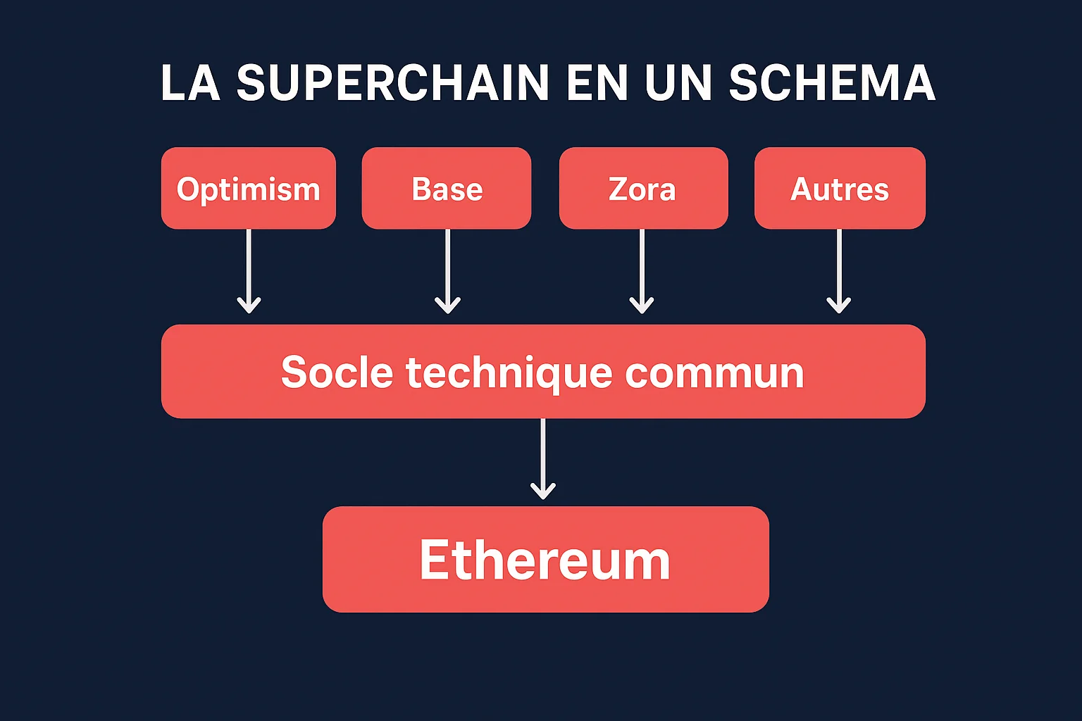 Schéma de la Superchain d'Optimism : plusieurs réseaux dont Optimism, Base et Zora reposent sur un socle technique commun, lui-même ancré sur Ethereum