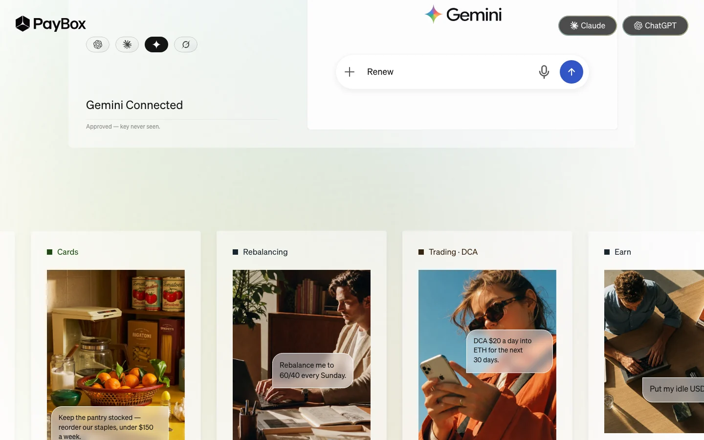 Section du site PayBox montrant Gemini connecté avec la mention « Approved, key never seen », et des cartes de cas d'usage : Cards, Rebalancing, Trading DCA et Earn