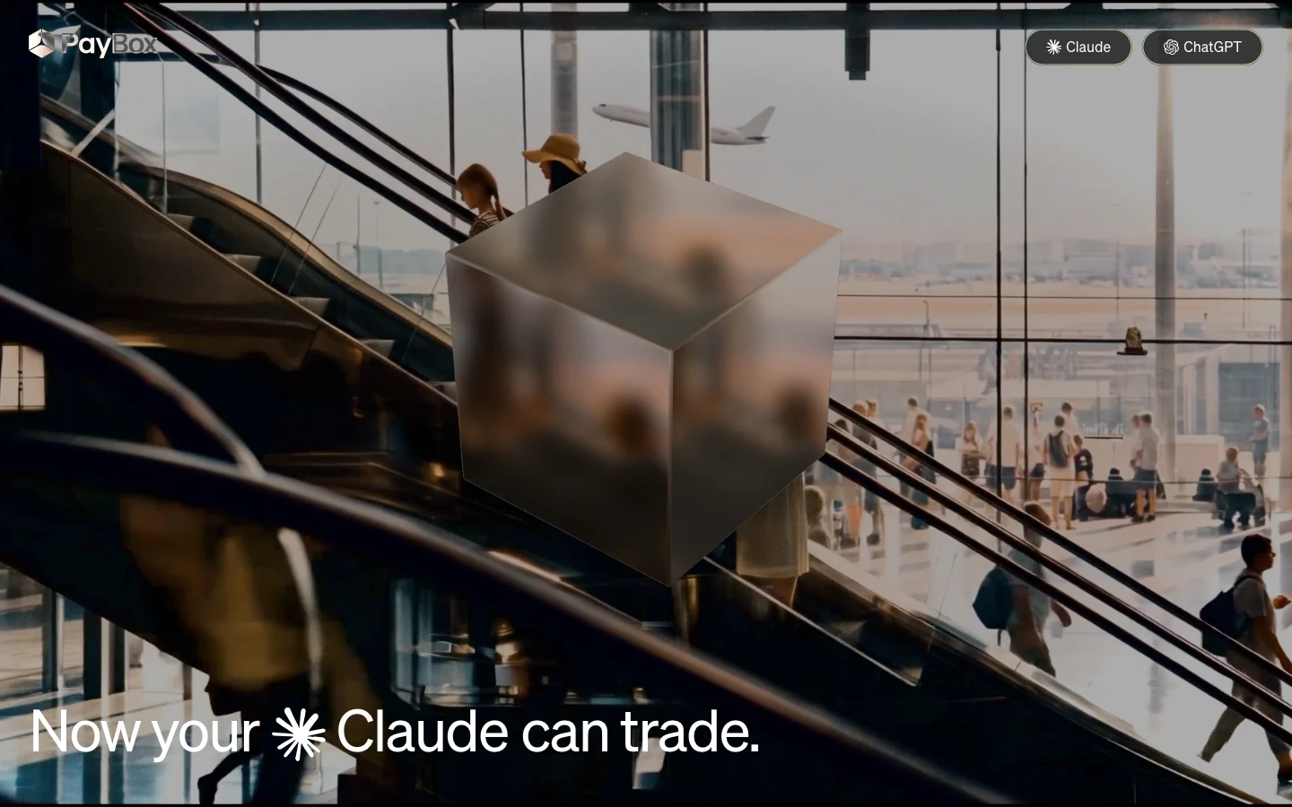 Page d'accueil de paybox.sh affichant le slogan « Now your Gemini can trade » et les boutons de connexion Claude et ChatGPT en haut à droite