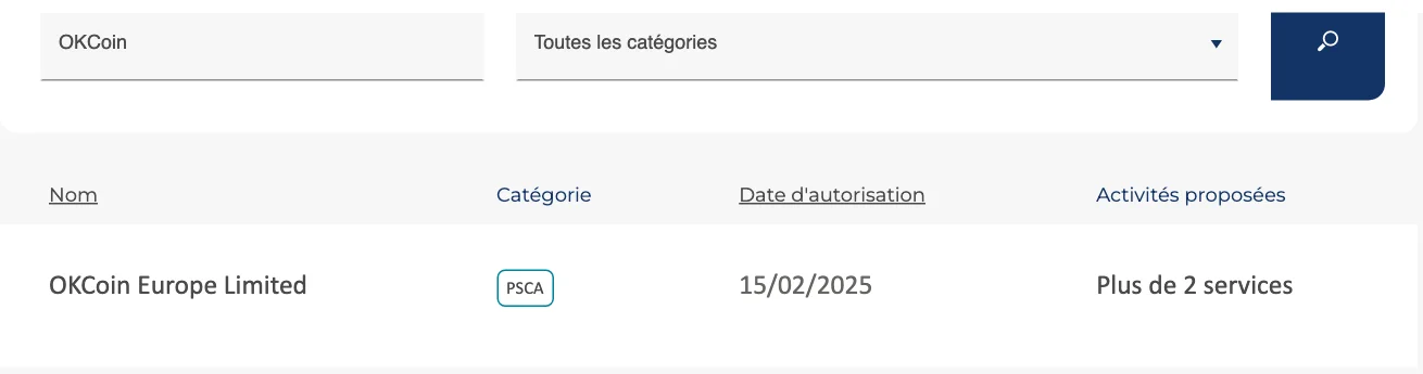 Recherche OKCoin dans la liste blanche de l'AMF : OKCoin Europe Limited, catégorie PSCA, autorisée le 15/02/2025