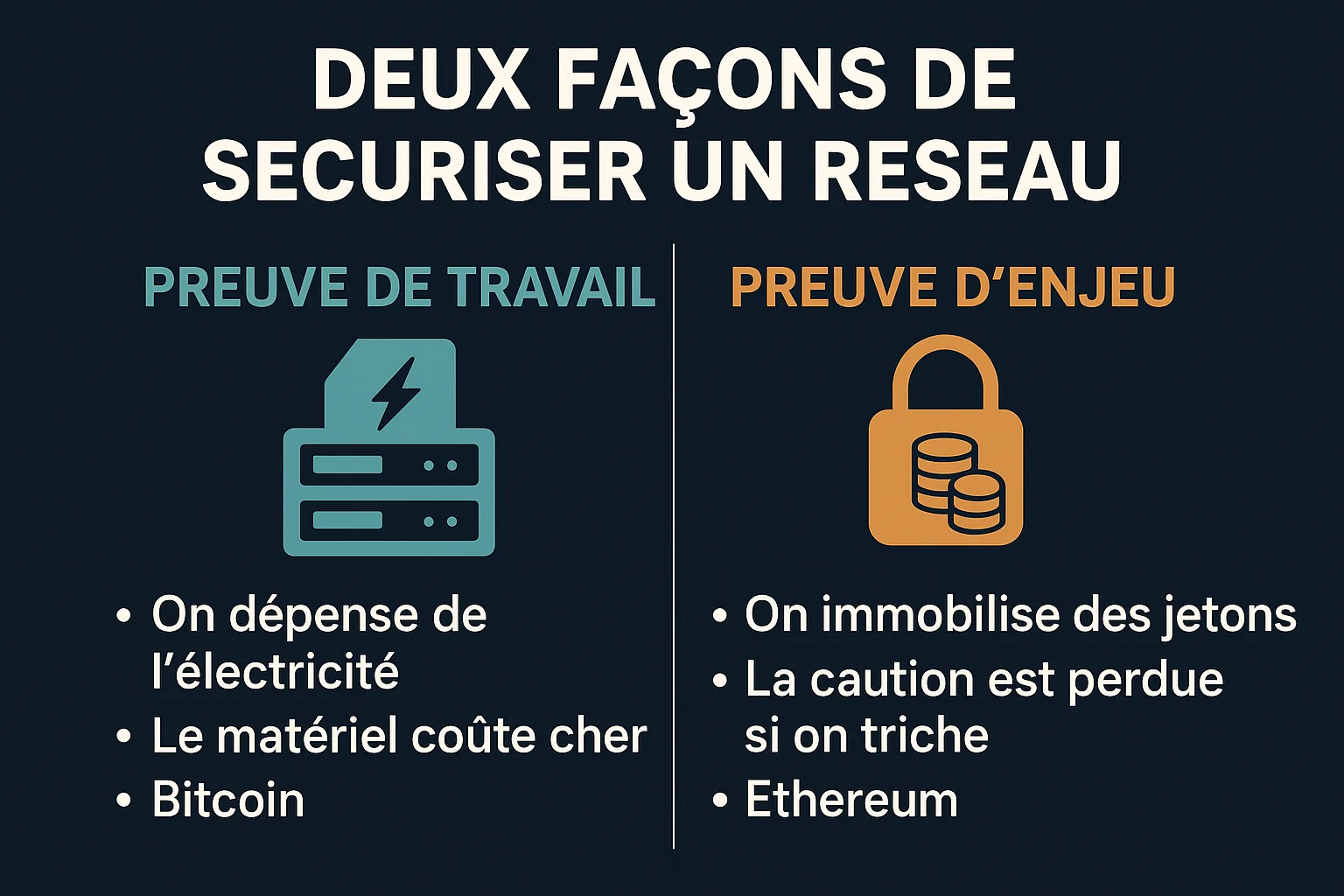Infographie comparant la preuve de travail et la preuve d'enjeu : d'un côté une dépense d'électricité et un matériel coûteux comme sur Bitcoin, de l'autre une immobilisation de jetons perdue en cas de triche comme sur Ethereum