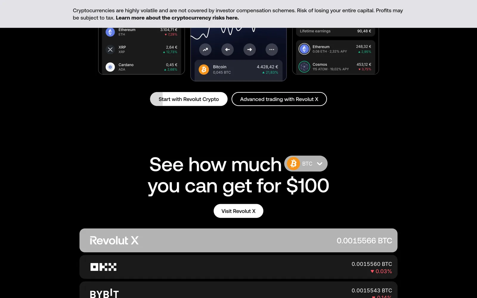 Page crypto de Revolut opposant Start with Revolut Crypto et Advanced trading with Revolut X, avec un comparatif de prix pour 100 dollars