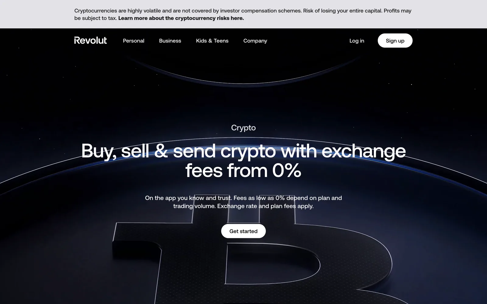 Page d'accueil crypto de Revolut avec le slogan acheter, vendre et envoyer des cryptos avec des frais d'échange à partir de 0 pourcent