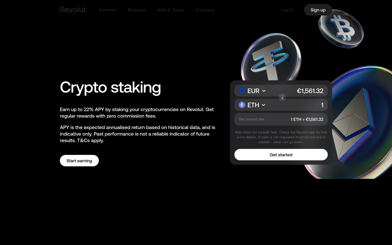 Page staking de Revolut annonçant jusqu'à 22 pourcent d'APY et un staking sans commission